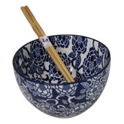 Blue Botanica Floral Blossoms 20Oz Donburi Ramen Soup Bowl With Chopsticks Set