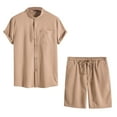 thumbnail image 1 of Mikilon Mens Trendy Outfits 2-Piece Set Short Sleeve Blouse Pants Solid Color Button Elastic Waist Drawstring Collar Shirt Set Fashionable Comfort Short Sleeve Lapel Set Khaki M, 1 of 3