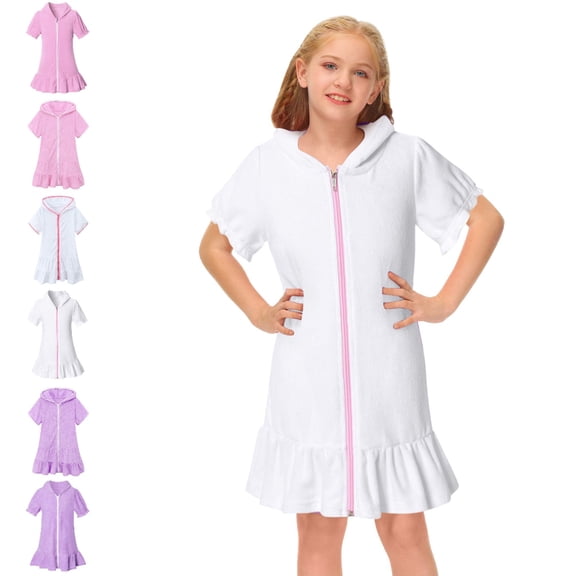 Bmisegm Girls Dress Hooded Zip Front Short Sleeve Ruffle Beach Swim Cover up Casual Dresses for Girls 6-7 Years