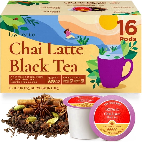 Gya Tea Co Chai Latte Black Tea Pod (16 Count) - Caffeinated Smooth, Flavourful, Robust, Enjoy Hot or Iced