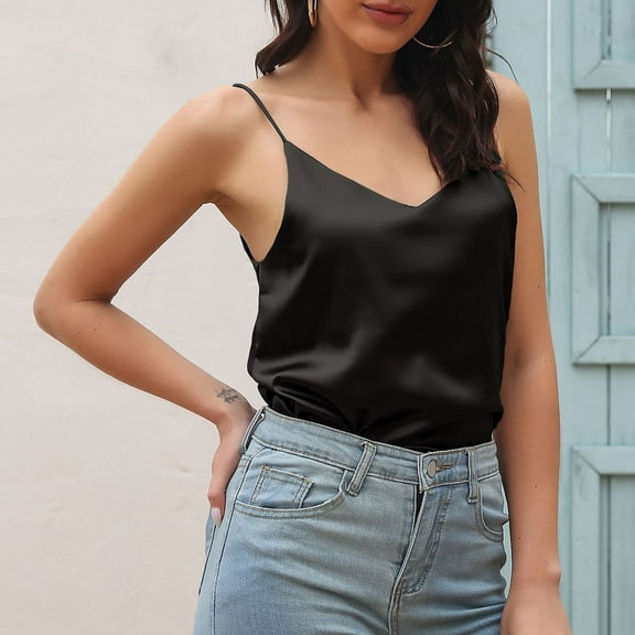 WNEGSTG Womens Spaghetti Strap V Neck Satin Camisole Sleeveless Soft Tank Top Black