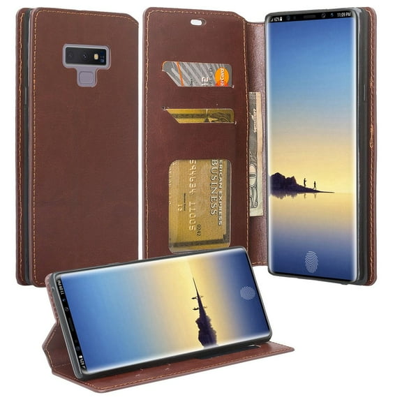 For Samsung Galaxy Note 9 Case, Slim Flip Folio [Kickstand] Pu Leather Wallet Case with ID & Card Slots & Pocket Phone Case Cover for Galaxy Note 9 - Brown