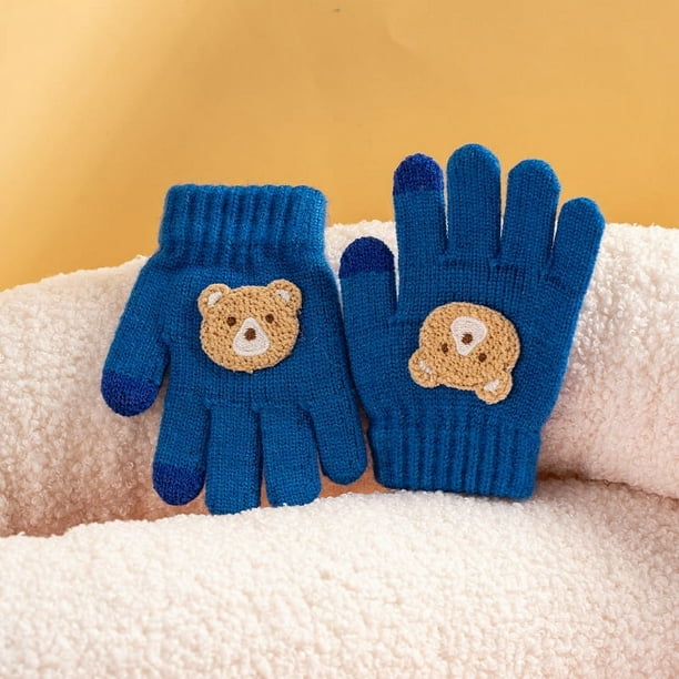 Guantes para niños, otoño e invierno, para niños y niñas, con dibujos de osos, resistentes al frío, cálidos, de punto de lana de cinco dedos para bebés