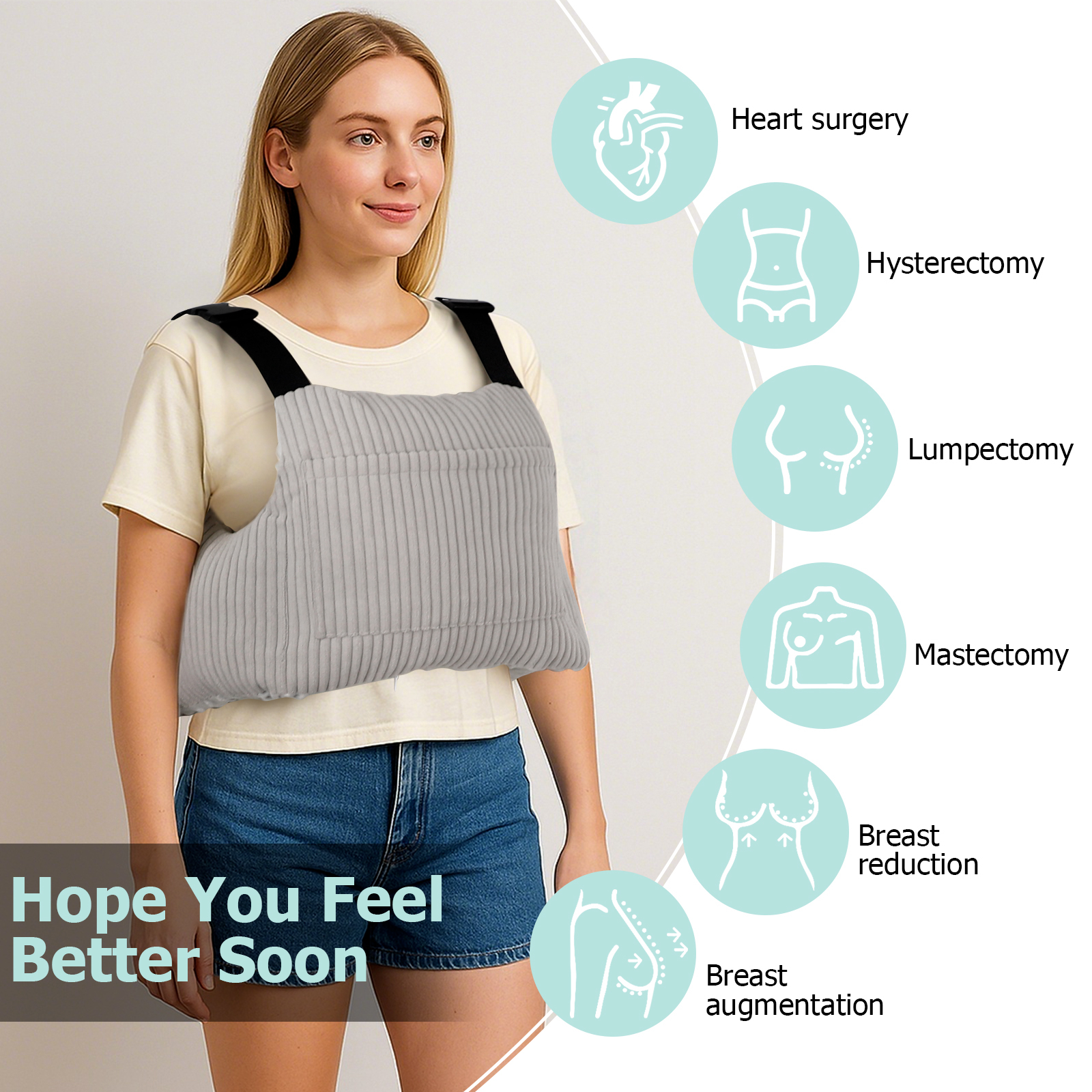 RoamReady Post Mastectomy Pillows After Hysterectomy Must Haves, Breast Reduction Mastectomy Recovery Supplies, Breast Cancer Heart Surgery Pillow Gifts for Women Help for Recovery and Rest, Gray