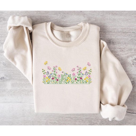 Wildflower Embroidered Sweatshirt, Minimalist Floral Crewneck, Spring Garden Cottagecore Aesthetic Pullover