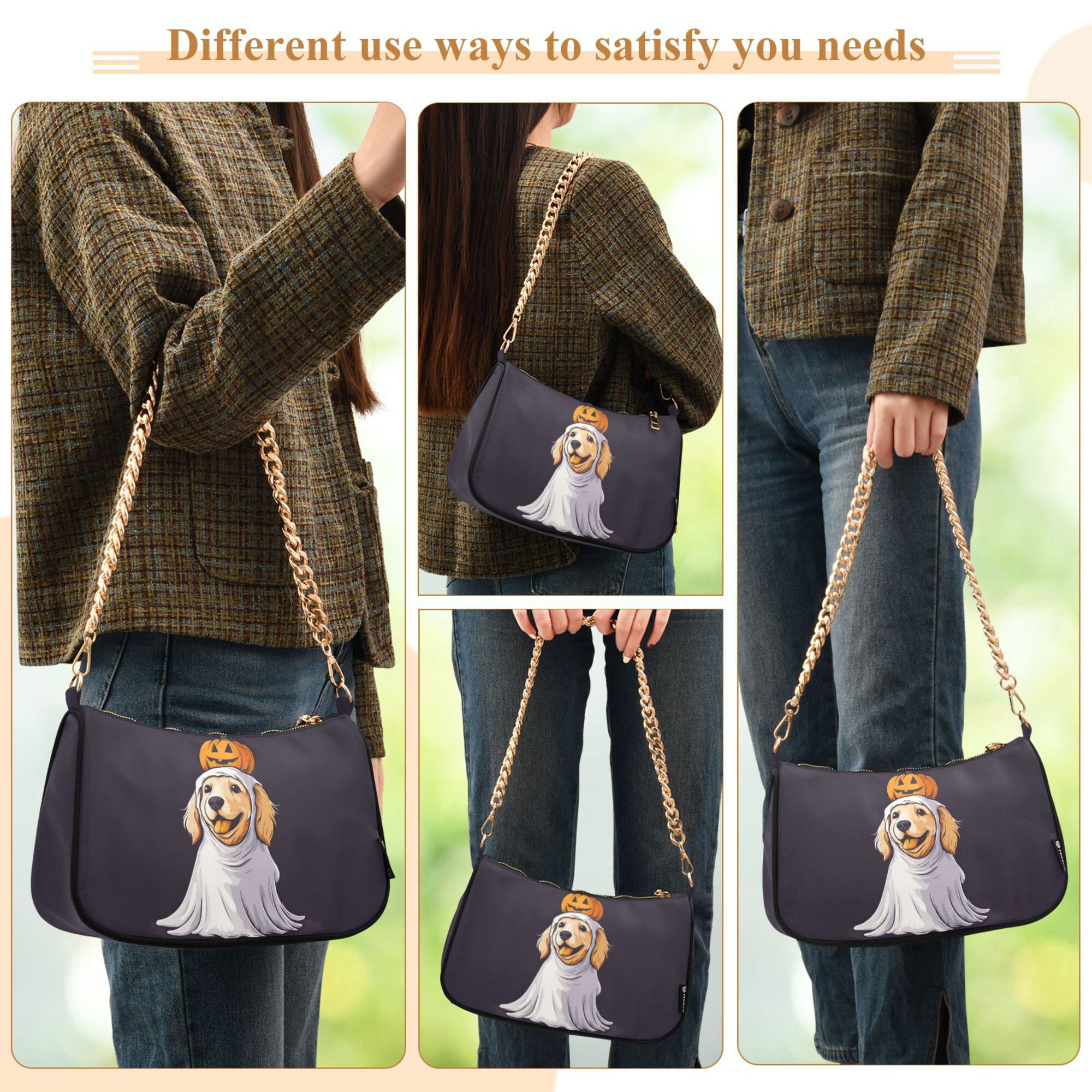 FORMRS Womens Shoulder Bag with Chain Strap Clutch Purse Cute Tote Handbag, Yellow Halloween Dog