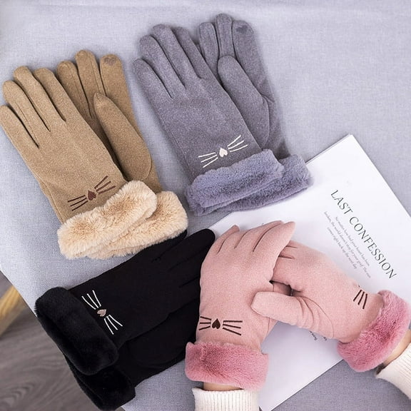 Women Soft Suede Cold Weather Gloves Cute Cat Fleece Lined Winter Thermal Mittens with Faux Fur Cuff