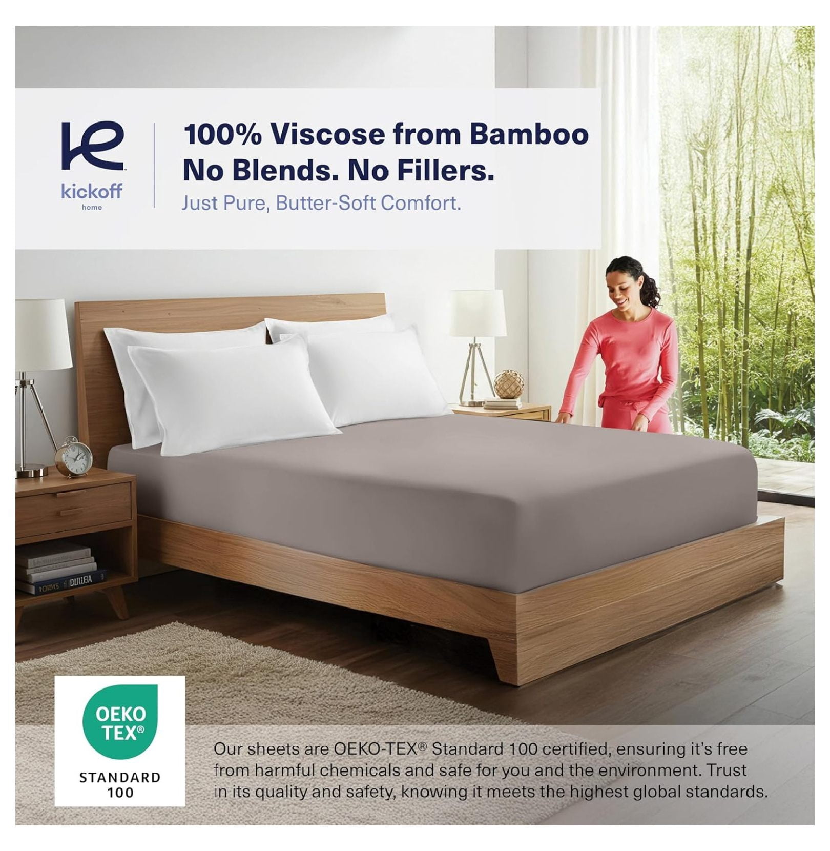 Kickoff Viscose Bamboo Fitted Sheet Queen Size, 100% Organic Cooling Sheets Fitted ONLY Viscose Bamboo Sheets Queen Size Bed Sheet for Hot , Extra Deep Pocket, 4 Corner Strap (Q, Grey Mist)