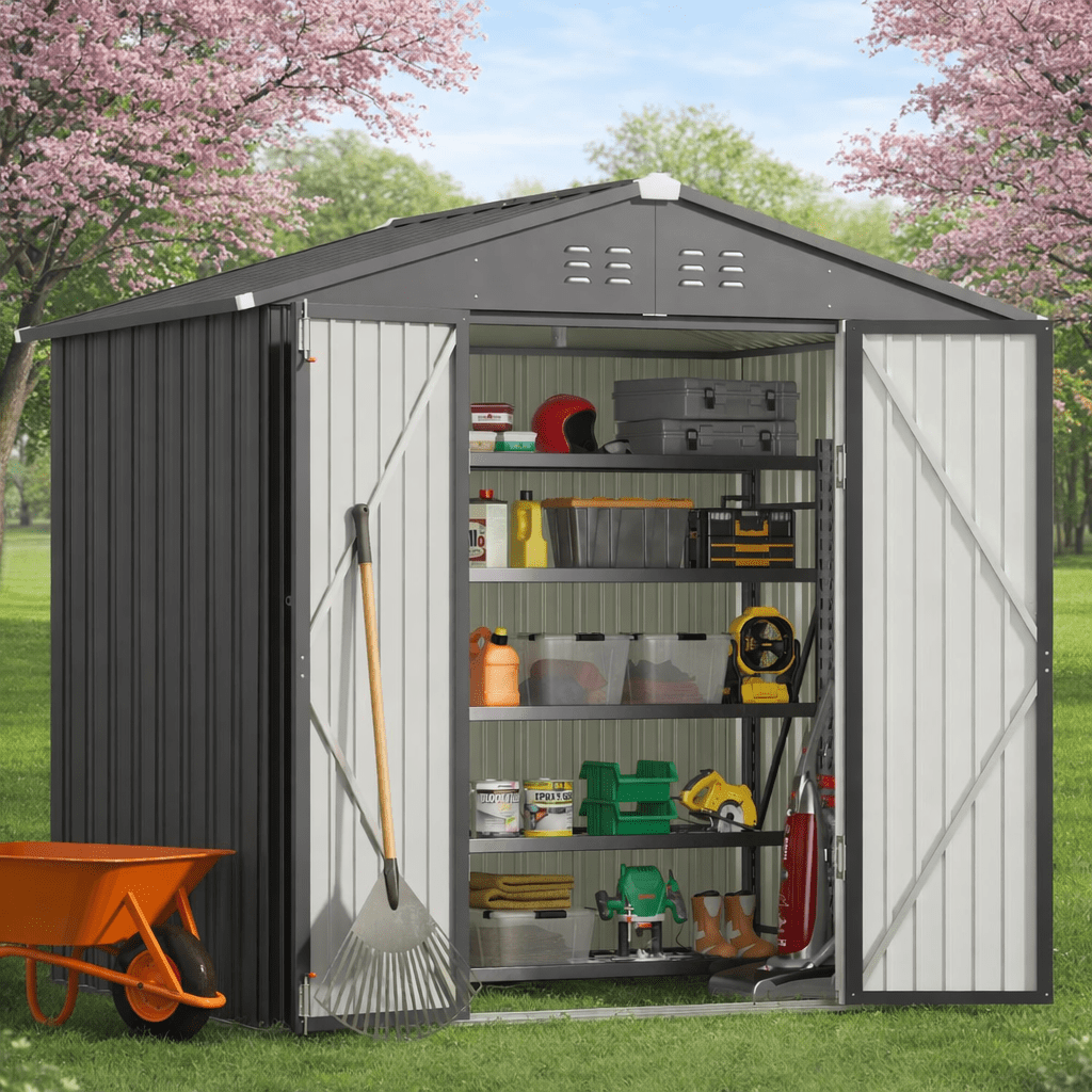 8x6 Outdoor Storage Clearance Shed, Galvanized Metal Garden Shed with Double Lockable Doors for Backyard Patio Lawn, Dark Grey