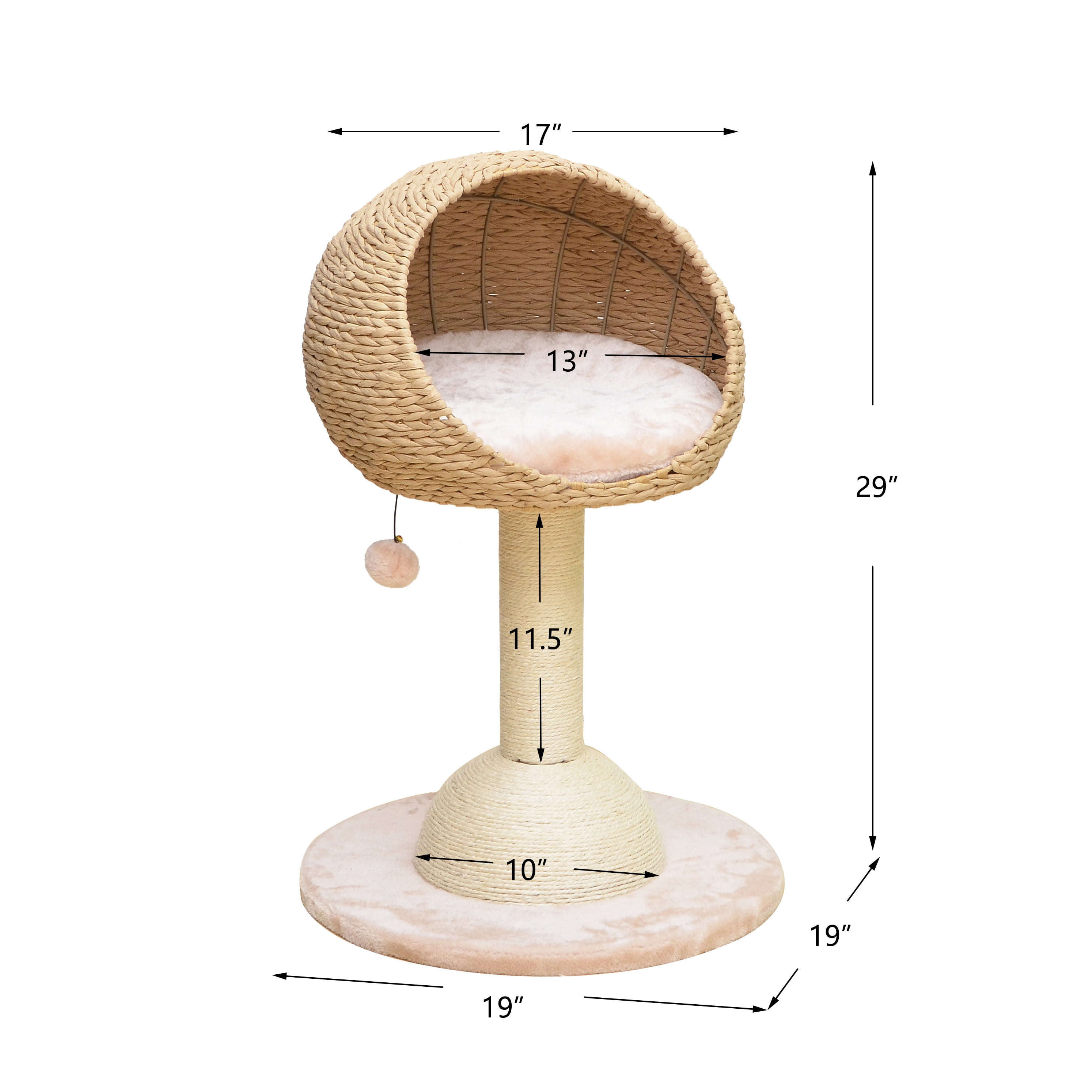 Petpals 29"High 2-Lvl Handwoven Paper Rope Hoodie Cat Basket Bed with Sisal Scratching Post, Beige