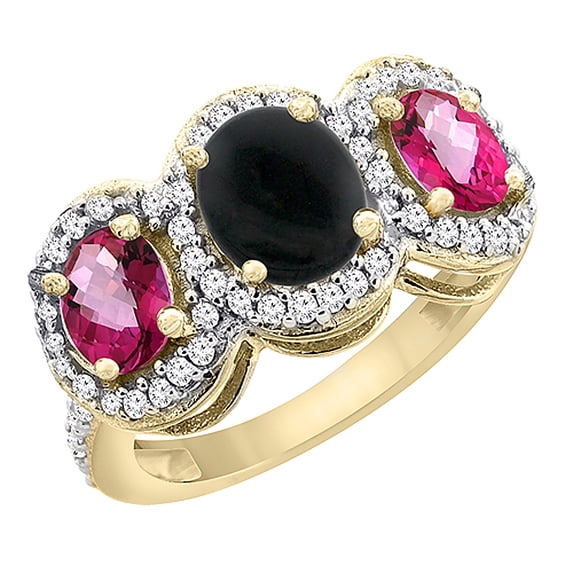 10K Yellow Gold Natural Black Onyx & Pink Topaz 3-Stone Ring Oval Diamond Accent, size 10