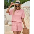 thumbnail image 2 of Women Matching Shorts Knitted Pockets Sets Fall Round Neck 2 Piece Set Summer Short Sleeve Lounge Sets Pink XL, 2 of 8