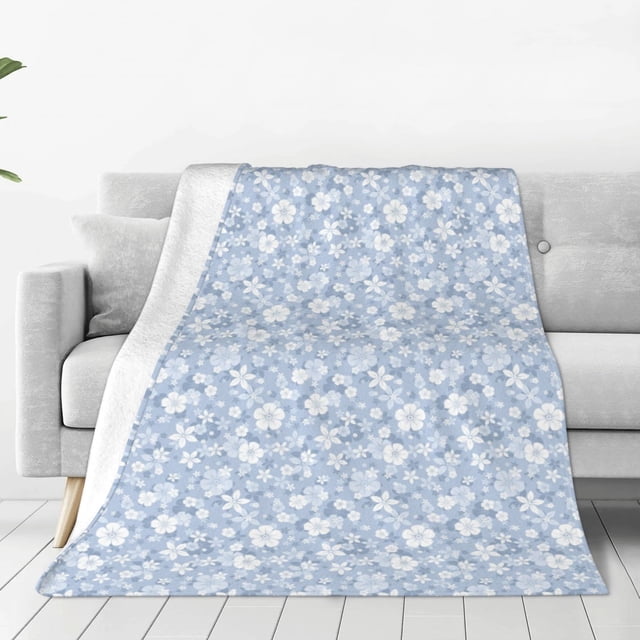 KLL Gray White Floral Pattern Fleece Throw Blanket,Fleece Throw Blankets for Couch & Bed All Season Use-80"x60"