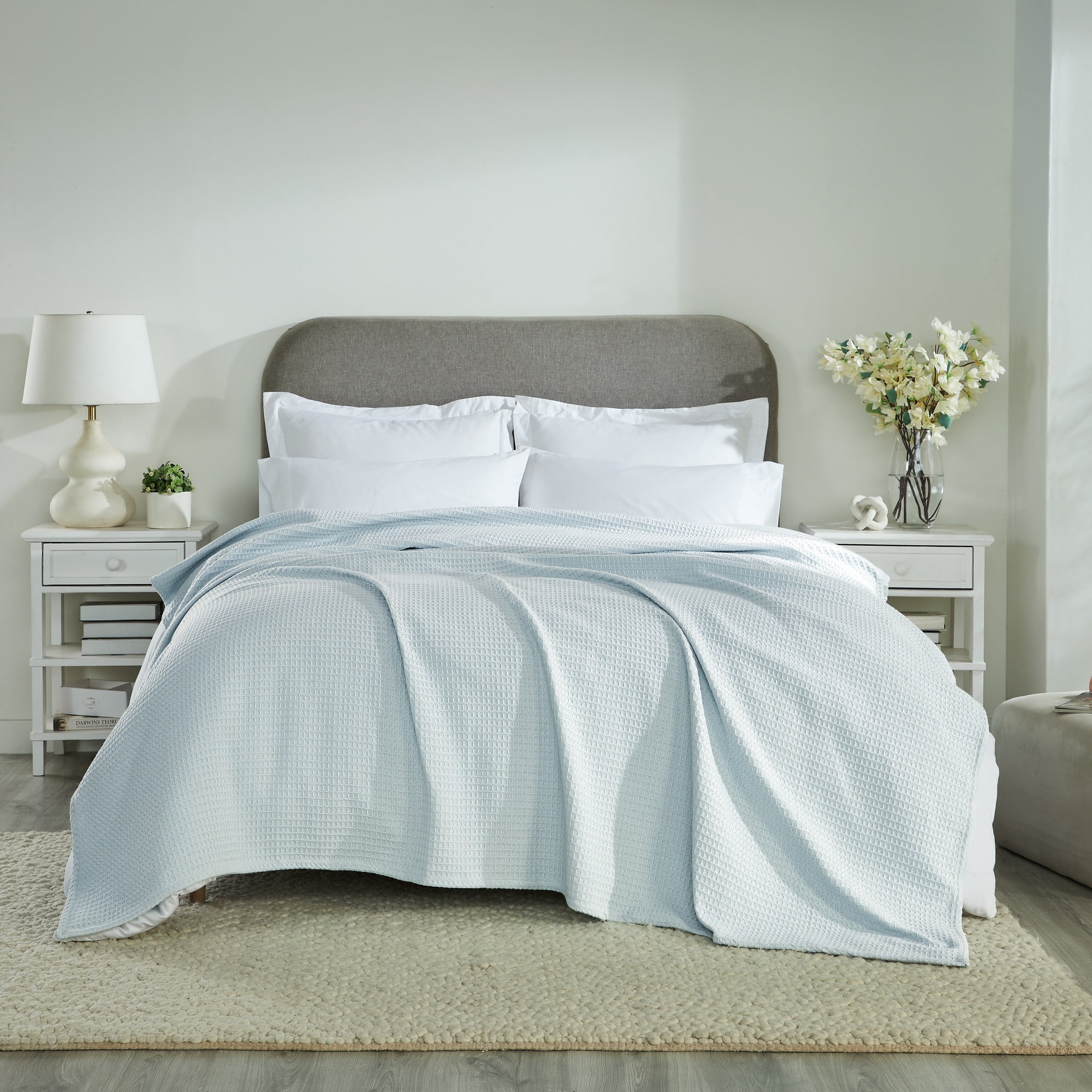 Better Trends All Season Full/Queen Size Blanket 100% Cotton Waffle Weave Blanket for Couch Lightweight & Breathable, Soft Blanket (90"x 90") Light Blue Janiya Collection