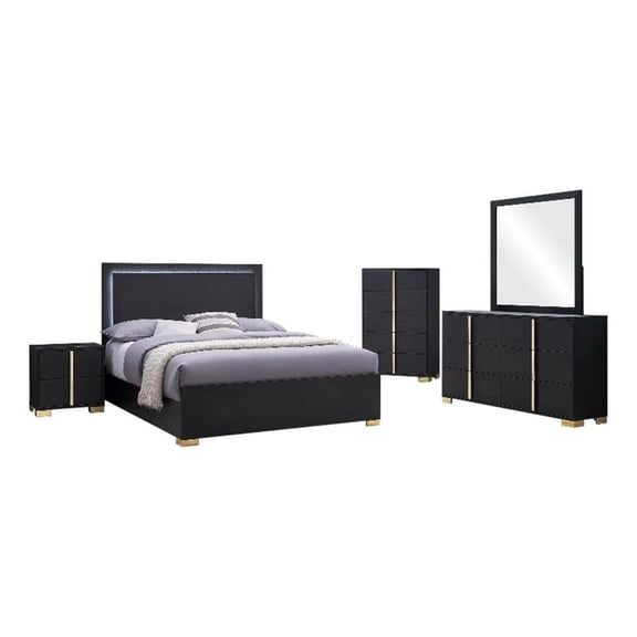 Dex 5pc Queen Bedroom Set with Modern LED Headboard- Mirror- Black