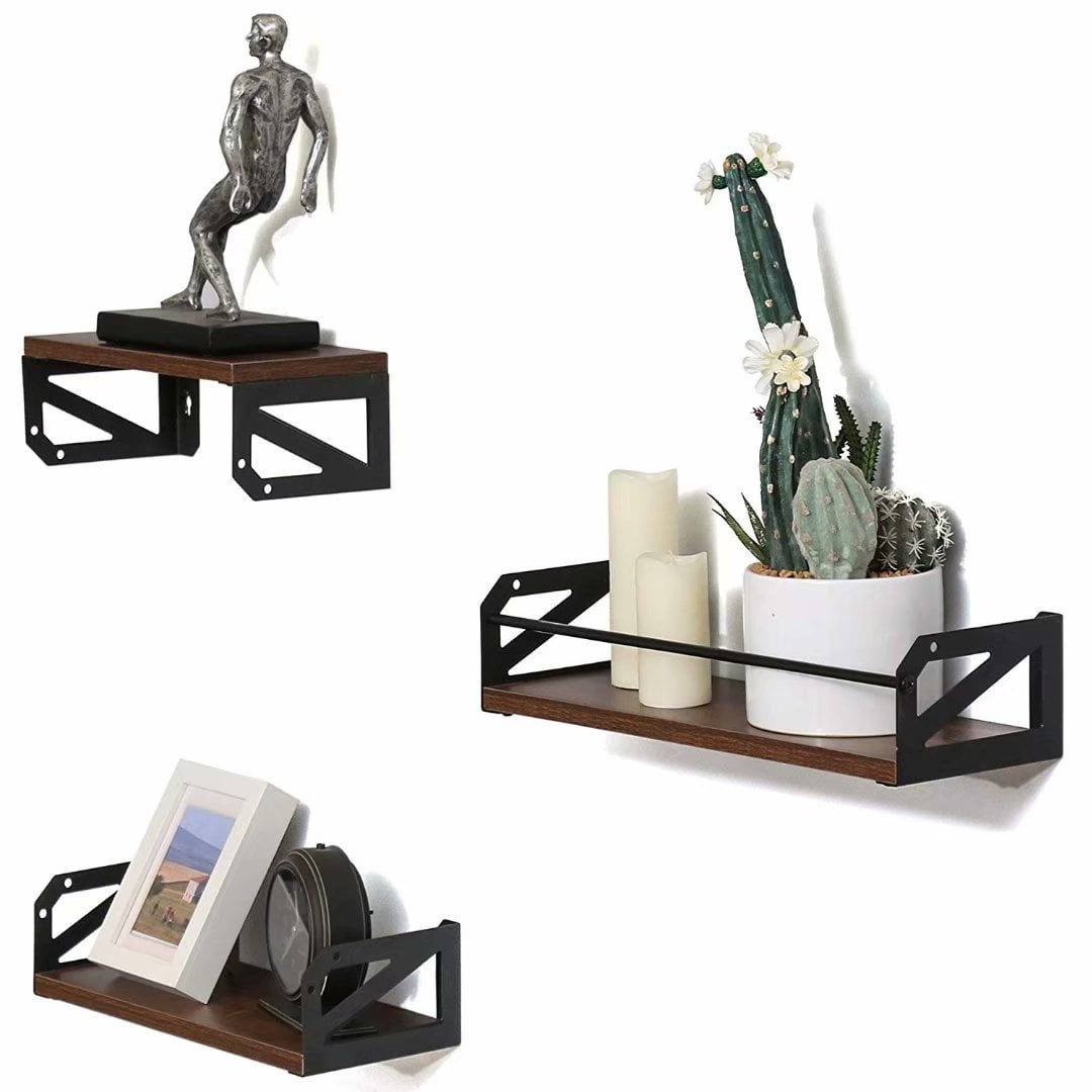 FITUEYES Floating Shelves Wall Mounted Decor Storage Set of 3, Black Metal Rustic Wood Wall