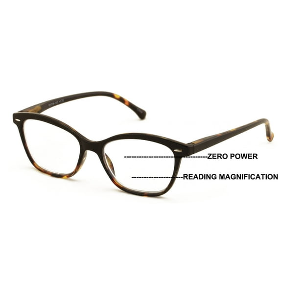 Women 2 Tone Cateye Clear Progressive Reader - Zero Power On Top - No Bubble Reading Glasses Z110 2.00