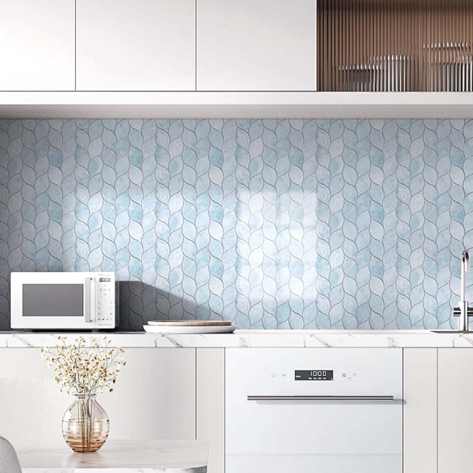 10-sheet Peel And Stick Backsplash Tile For Kitchen  Self-adhesive Mosaic Glossy Leaf On Wall With Gaps (pastel Blue)