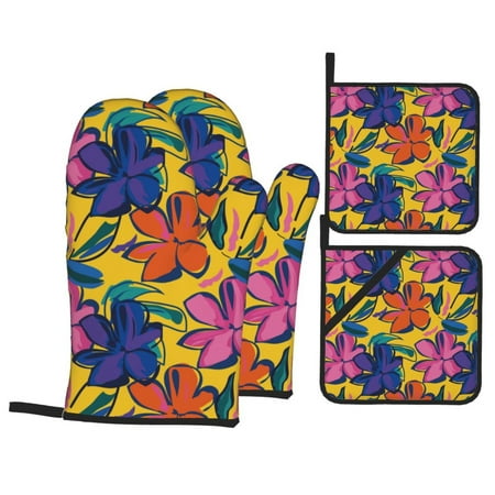 

Oven Mitts and Pot Holders Sets 4 pcs - painted flowers Heat Resistant Silicone Oven Gloves with Non-Slip Silicone Surface and hot pads for kitchen Baking Cooking BBQ