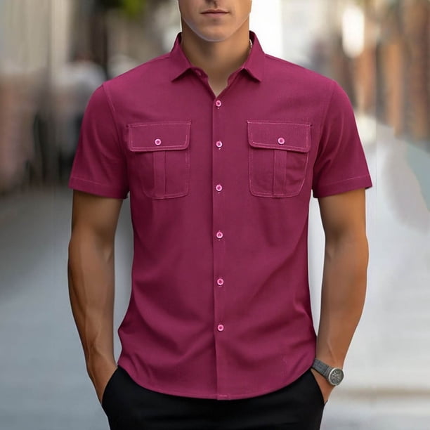 Ceisia Men's Relaxed Fit Corduroy Short Sleeve Turndown Collar Shirt with Dual Chest Pockets Wine L Gifts