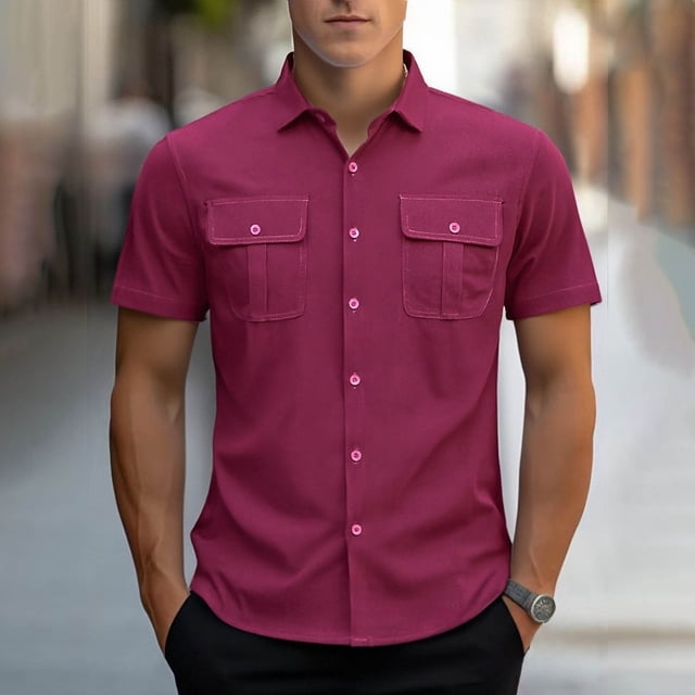 Ceisia Men's Relaxed Fit Corduroy Short Sleeve Turndown Collar Shirt with Dual Chest Pockets Wine L Gifts