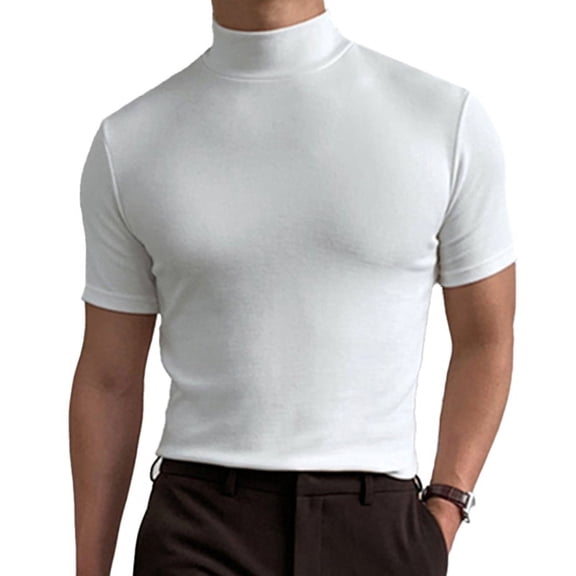 INCERUN Men Short Sleeve Shirts High Collar Tops Body Fit Casual Wear Bottoming Tshirts