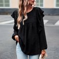 thumbnail image 6 of XFLWAM Women's Swiss Dot Ruffle Tops Lace Crochet Crewneck Puff Long Sleeve Trendy Babydoll Flowy Shirts Cute Blouses Black M, 6 of 8