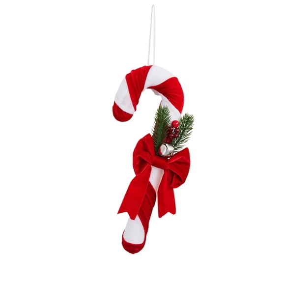 Red and White Striped Candy Cane Christmas Ornament with Red Bow, Pine Branch and Bell - Festive Hanging Decoration for Xmas Tree and Holiday Decor 46CM
