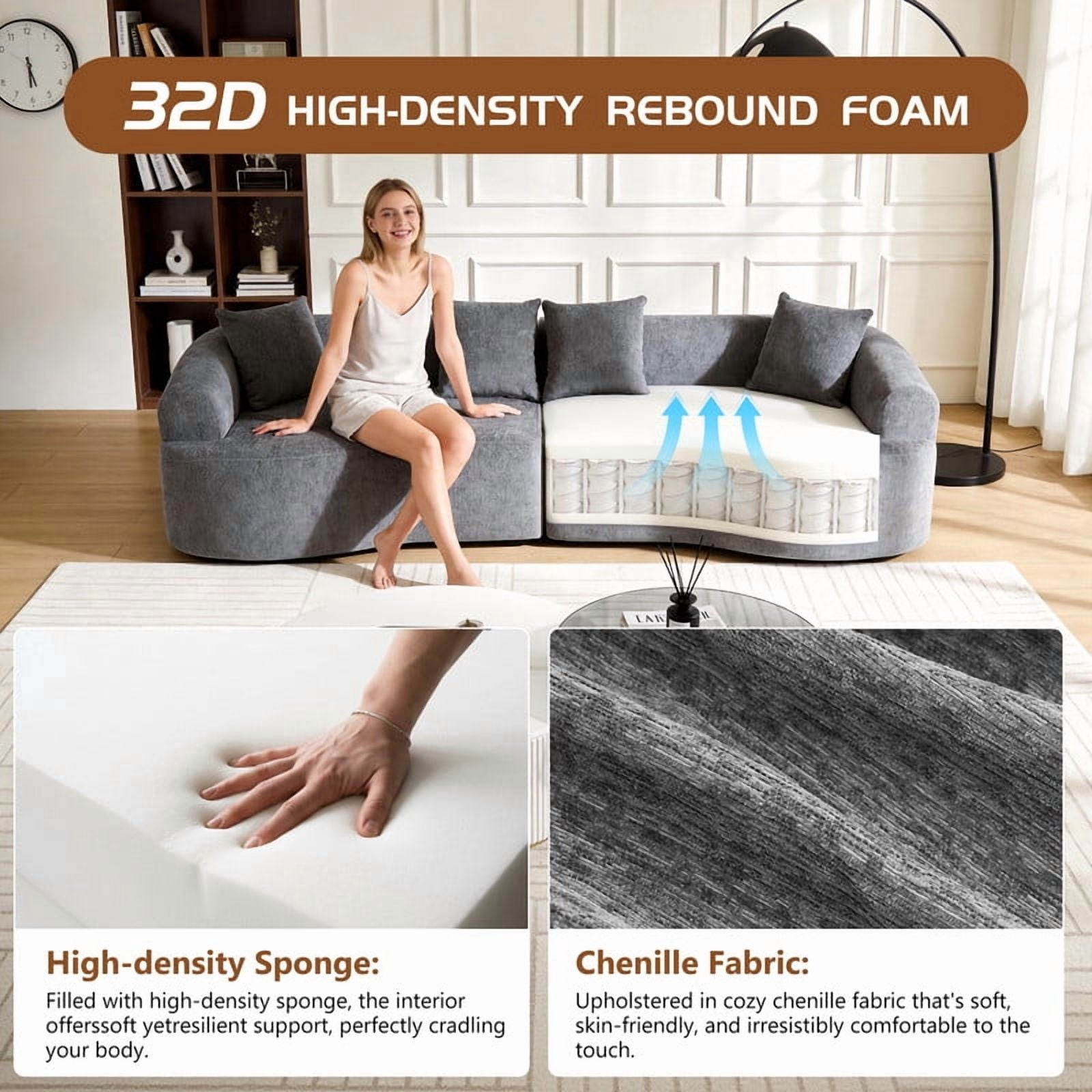 4-Seater Curved Boneless Compression Sectional Sofa, 2-Piece Modular Couch, High-Density Foam Sleeper Sofa