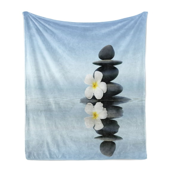 Spa Soft Flannel Fleece Throw Blanket, Hot Massage Stones with Frangipani Plumera Reflection on the Waters, Cozy Plush for Indoor and Outdoor Use, 60" x 80", Pale Blue and Grey, by Ambesonne