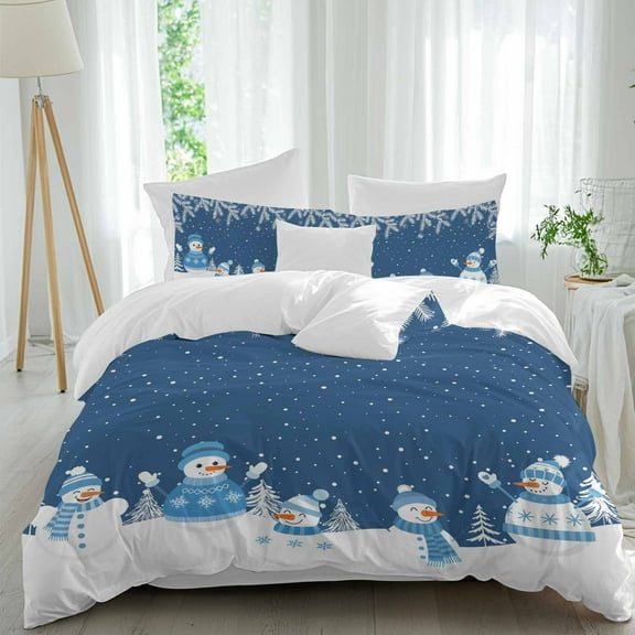 Christmas Snowman Duvet Cover Set King Size, Winter Deep Blue White Snowflakes 4 Piece Soft Microfiber Bedding Set with 1 Duvet Cover, 1 Flat Sheet, 2 Pillowcases