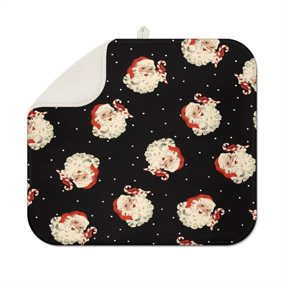 Black Christmas Santa Pattern Dish Drying Mat for Kitchen 1 Pack, Ultra Absorbent Microfiber Dishes Drainer Mats,16x18in(41x46cm)