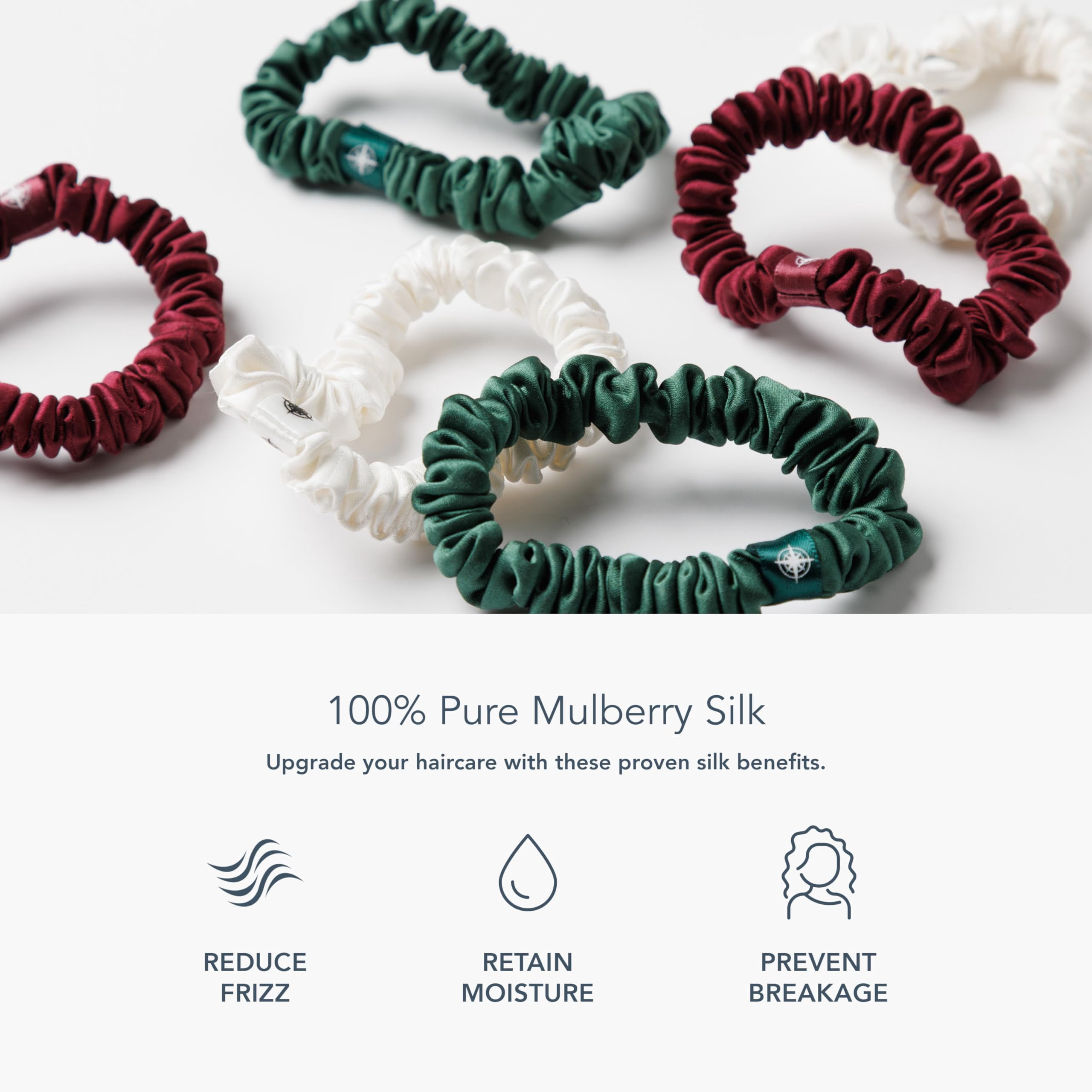 Fishers Finery 25 Momme Pure Mulberry Silk Skinny Scrunchies (Red|Green|White - 6 Pk)