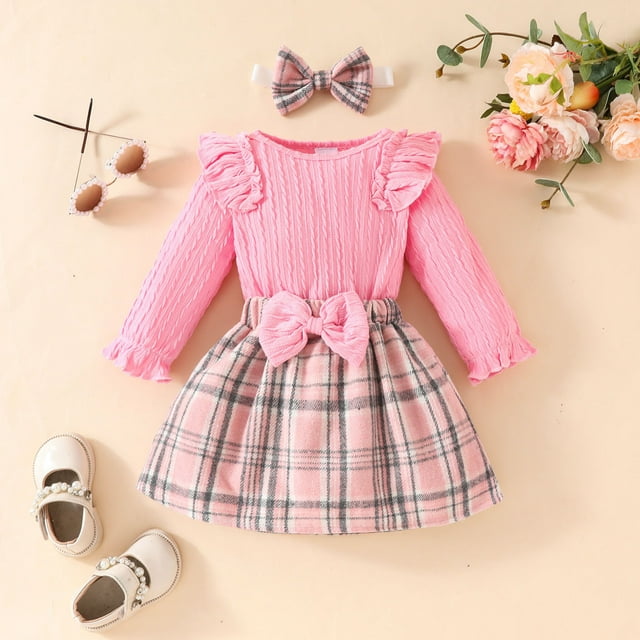 WENXIAOO Christmas Plaid Skirt Set for Toddler Girls Ruffles Long Sleeve Ribbed Tops Buffalo Plaid Mini Skirts Set Outfits Baby Girls Holiday Dress for Baby Girls 0-3 Months