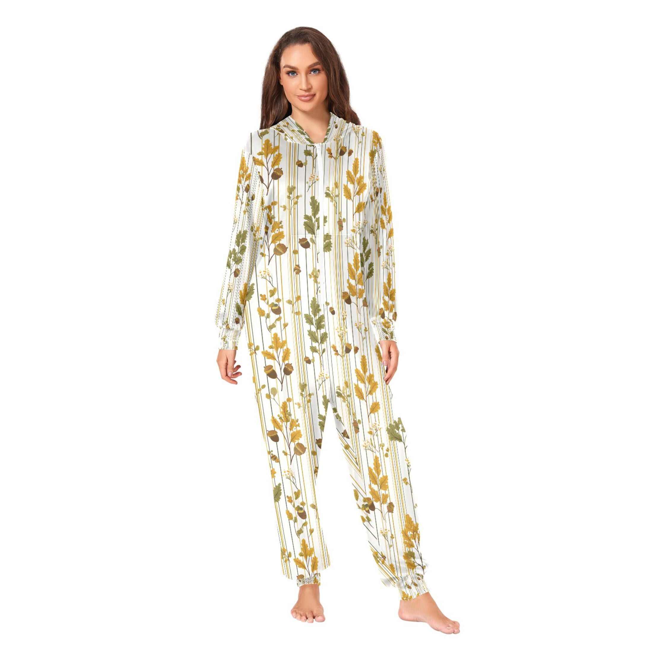Adult Christmas Onesie Acorn Wildflowers Brown Adult Zipper One-Piece Pajamas Unisex Pajamas with Pockets