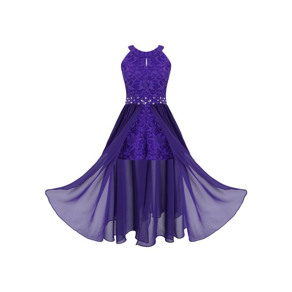 XUNZOO Junior Big Girls High Neck Chiffon Bridesmaid Dress Wedding Party Ball Prom Long Gowns Purple 10