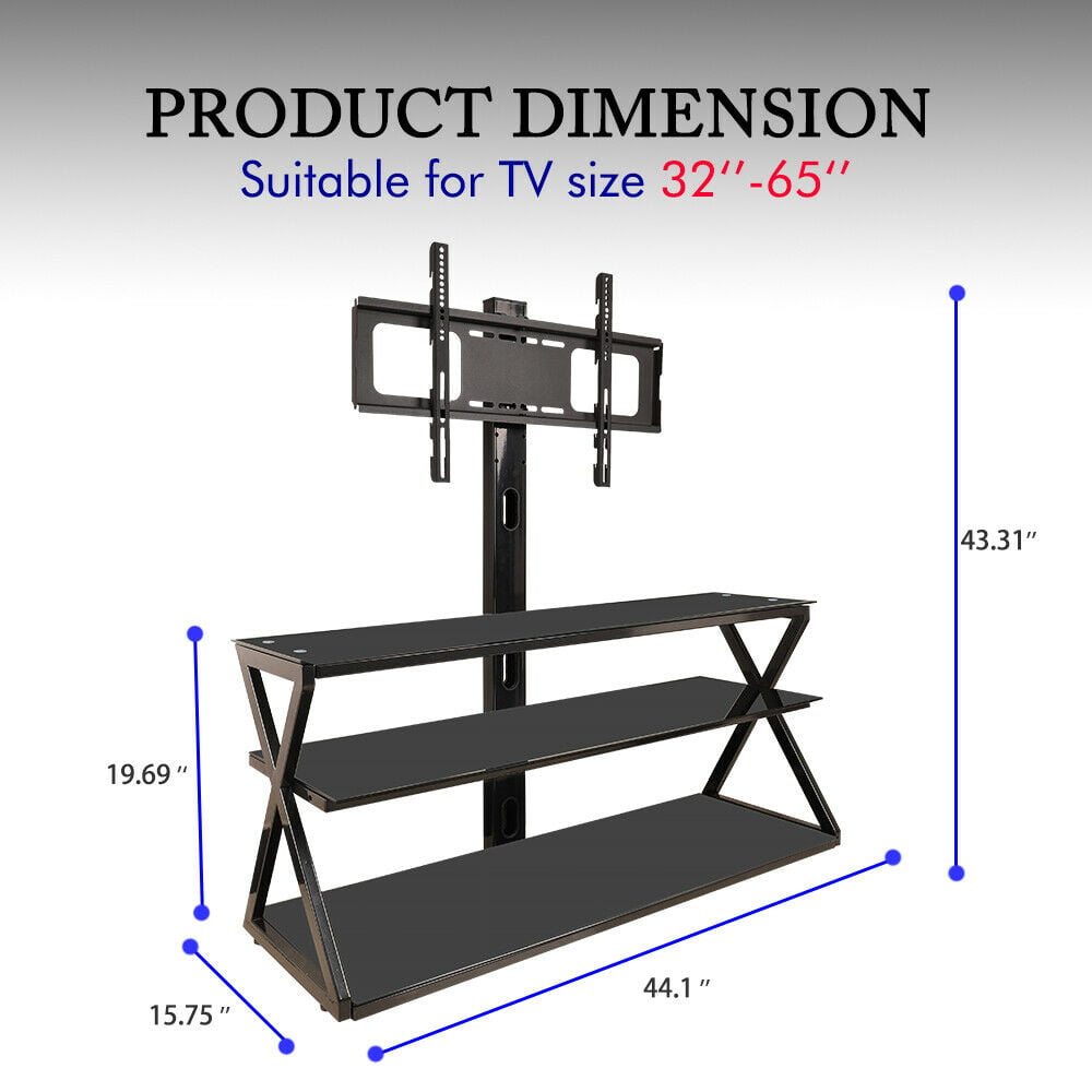 Floor TV Stand Swivel Mount Glass Shelf for 32 37 40 42 46 47 50 55 60 65" TVs