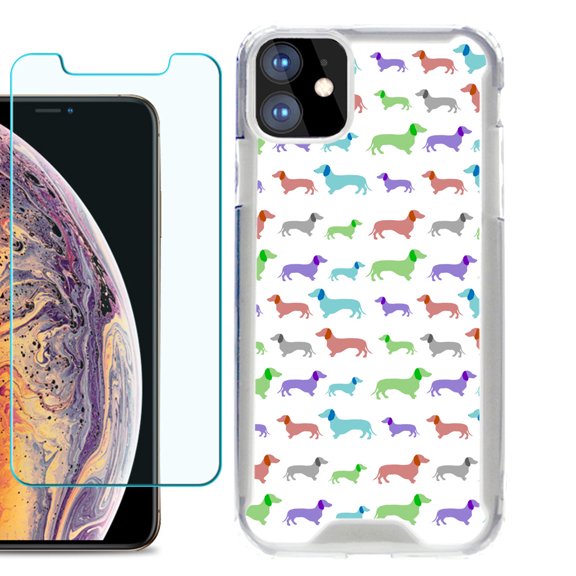 For Apple iPhone 11 Case, Hybrid Bumper Phone Case, with Tempered Glass Screen Protector, by OneToughShield ® - Colorful Dachshund/Puppy