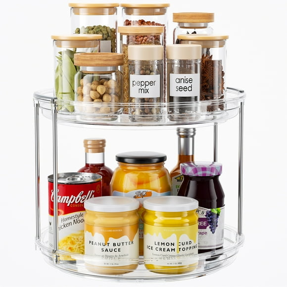 LAMU 2 Tier Lazy Susan Turntable Cabinet Organizer, Rotating Kitchen Spice Organizer, Storage Rack for Kitchen, Fridge and Bathroom, Makeup Holder Cosmetic Storage and Organizer Clear