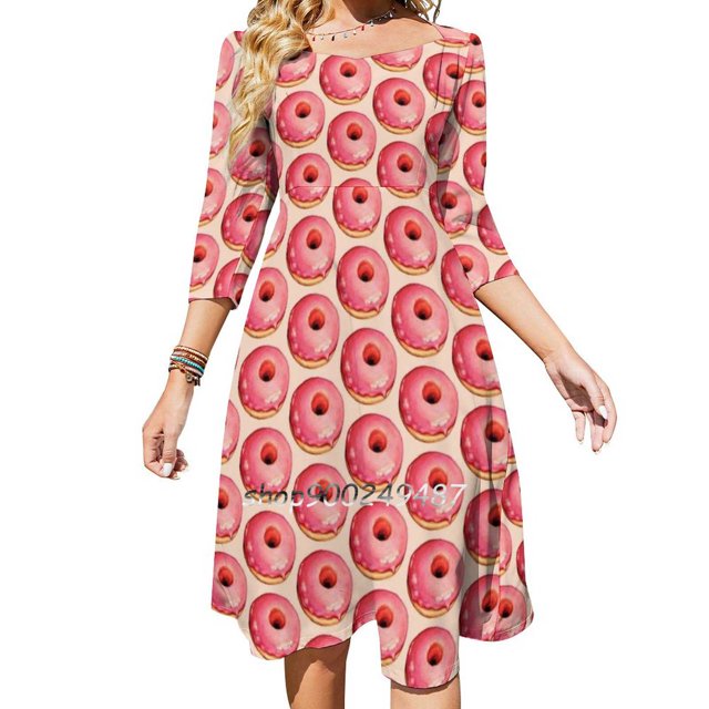 Vestido de verano con escote cuadrado y estampado de rosquilla de fresa, elegante vestido de mujer con cuello halter, estampado de rosquilla de comida, rosa