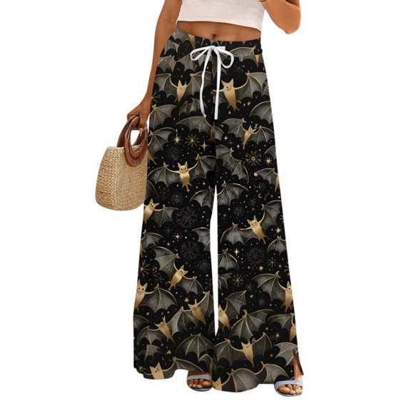 Ladies' Casual Wide Leg Pants Haunted House Bat Print Elastic Drawstring with Pockets Baggy Lounge Trousers for Fall Daily Comfort Travel Black L