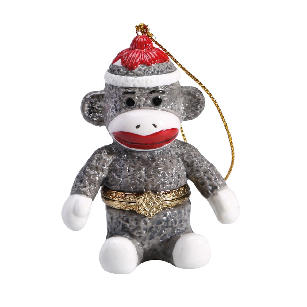 Porcelain Secret Hidden Compartment Sock Monkey Christmas Ornament