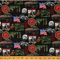 Cotton Marines USA Service Emblems Symbols Eagles Flags Equipment Weaponry Black Cotton Fabric Print by the Yard (021-2M)