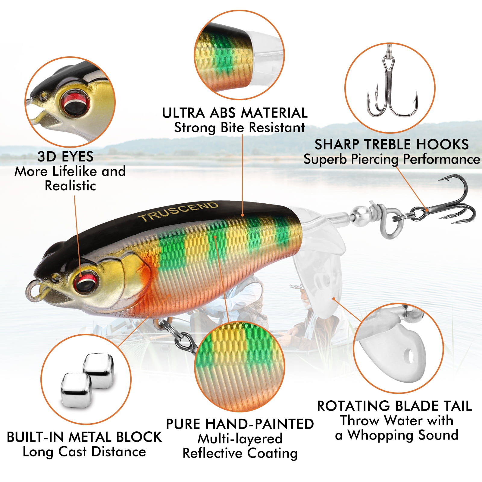 TRUSCEND Popobait Fishing Lures with BKK Hooks, Easy Catch: Instant Startup, Longer Cast, Balanced Spray/Sound/Swim, Topwater Plopper Bait for Bass, Walleye, Catfish, Pike, Great for Family Fishing