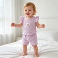 thumbnail image 2 of enyan Toddler Baby Girl Summer Clothes Short Sleeve Tops+Elastic Drawstring Plaid Shorts Two Piece Fruit Print Outfit Set(Purple,12-18 Months), 2 of 7