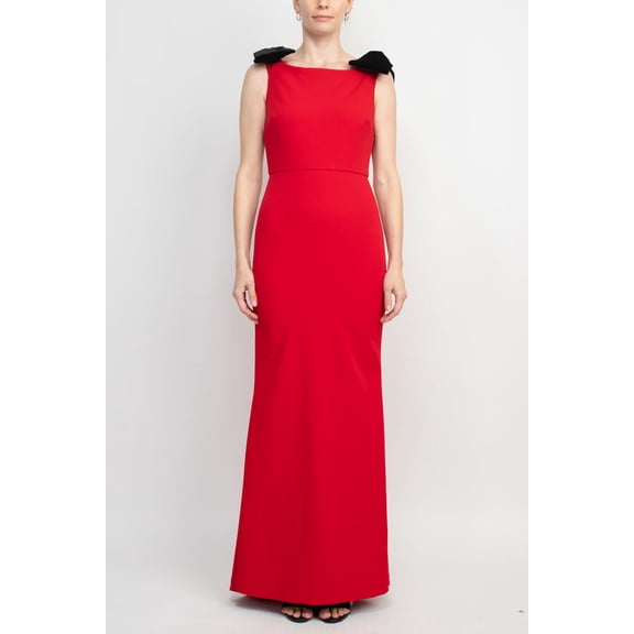 Alberto Makali Boat Neck Sleeveless Bow Shoulder Detail Zipper Back Solid Bodycon Scuba Dress-RED / 22