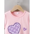 thumbnail image 2 of Camiseta de verano de manga corta para niña con estampado de corazones a cuadros, cuello redondo informal, 95 % algodón, 5 % elastano, ligera elasticidad, corte regular. Tejido de punto., 2 of 6