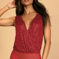 thumbnail image 2 of Women V Neck Bodysuit Top Shiny Sequin Low Cut Back Sleeveless Tank Top with Mesh Briefs Red L, 2 of 6