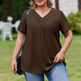 thumbnail image 2 of Trendy V Neck Pleated T Shirts for Women Plus Size Short Sleeve Tops Comfortable Soft Solid Color Loose Fit Curved Hem Dressy Summer Tees Coffee 5XL, 2 of 6