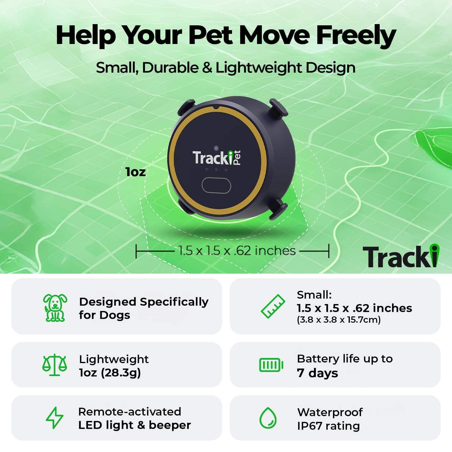 Tracki Dog GPS Tracker  for Dogs – Smart Alerts, Geo-Fence, Waterproof, Collar-Compatible – Long-Life Battery – iOS & Android  Subscription Required